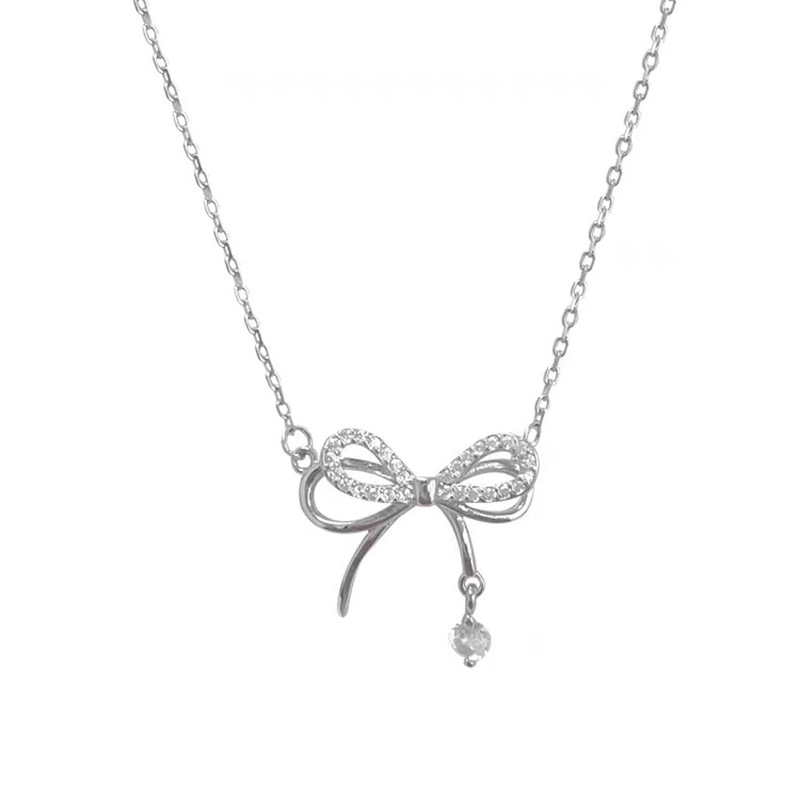Double-layer bow necklace with a light luxury and niche feel, diamond-encrusted water drop pendant collarbone chain, a birthday gift for a girl Item Picture
