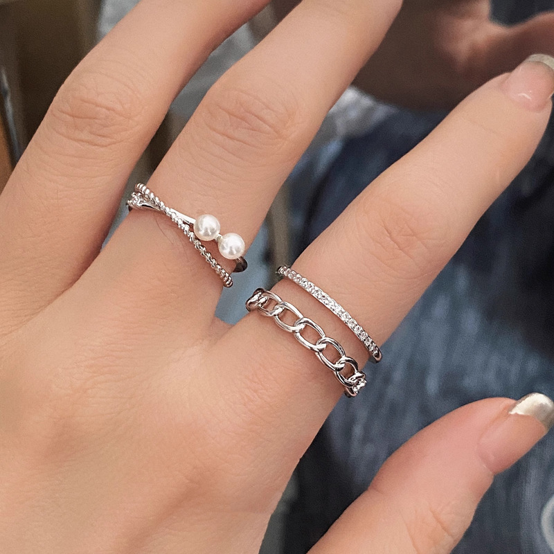 New pearl ring, women's micro-set diamond open ring, niche design, simple plain ring index finger ring, French self-discipline ring full figure