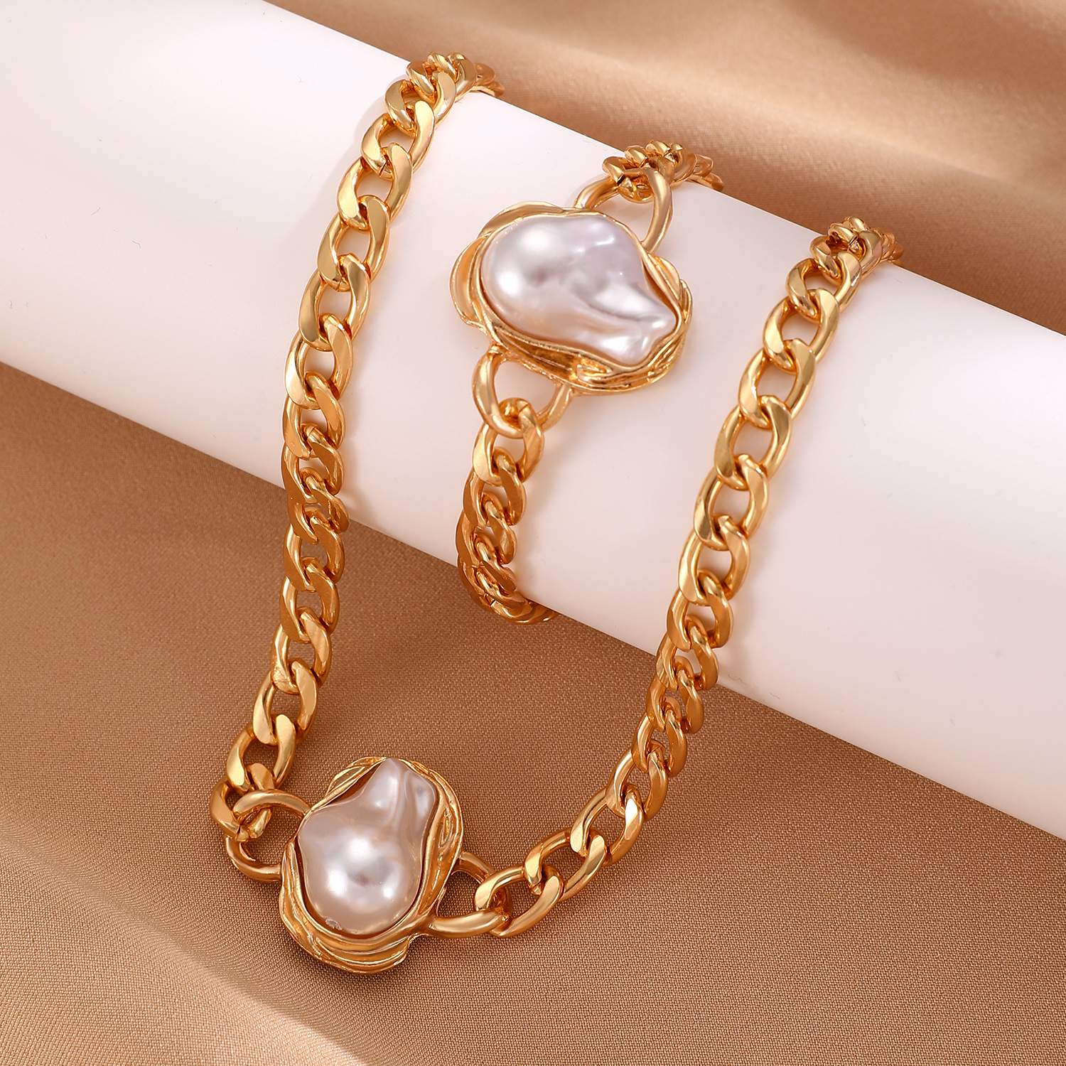 European and American cross-border Baroque irregular-shaped pearl bracelet necklace set jewelry, women's fashionable Cuban chain necklace ring Specification drawing