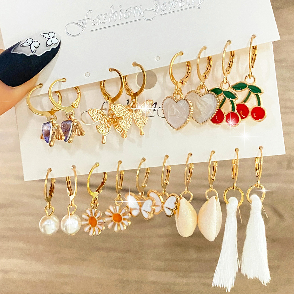 Wholesale of 9 pairs of creative butterfly heart cherry pearl ear buckles in the new cross-border alloy inlaid rhinestone earring set full figure