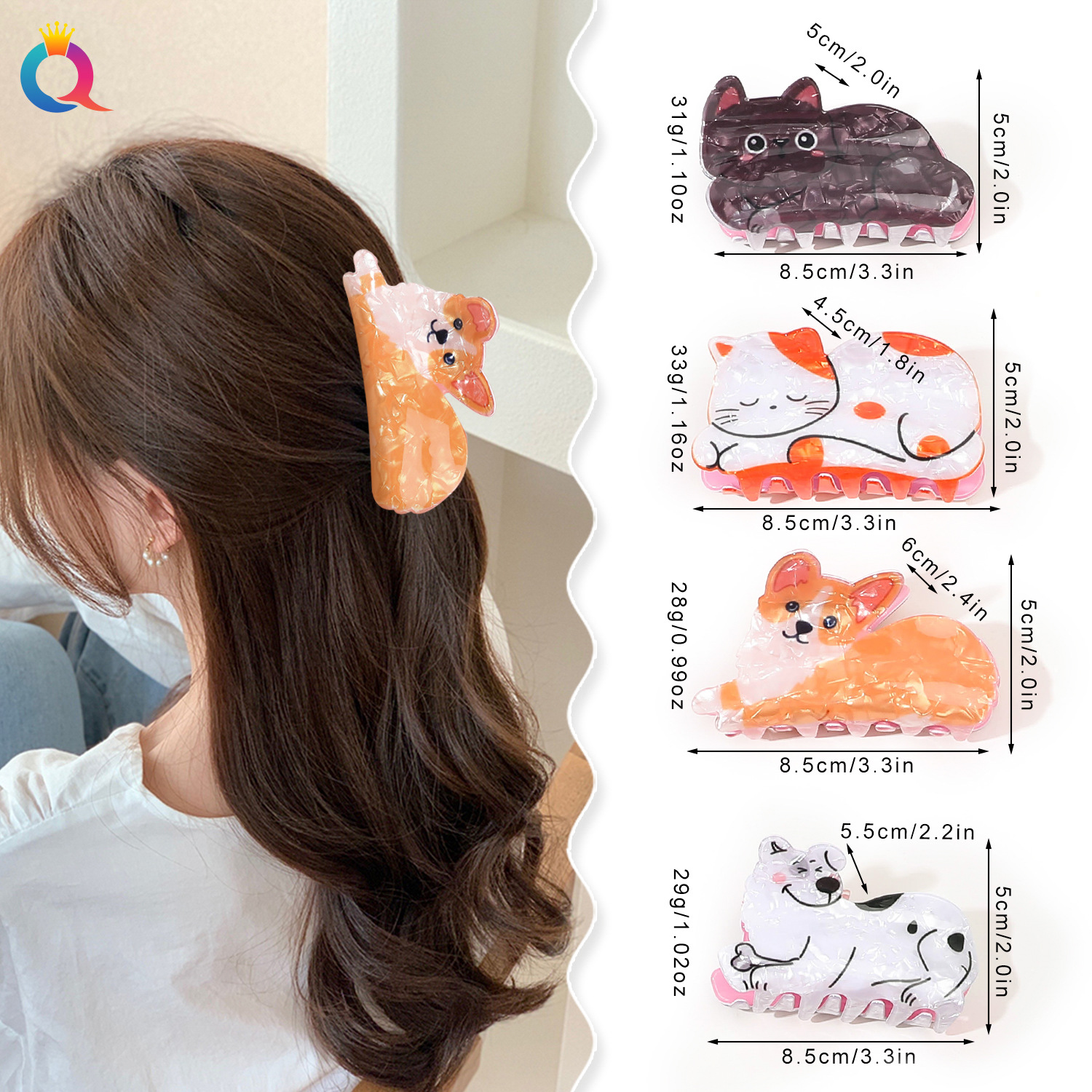 Qiyue Cross-border Cute Animal Hair Clips, Acrylic hair curls, shark clips, high-end feel, Yiwu hair accessory grab clips wholesale details Picture