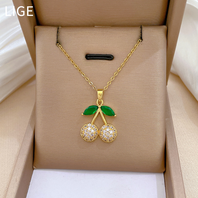【 Titanium Steel 】 Green Leaf Cherry Necklace Earrings Set, Light Luxury, slightly inset, Personalized and elegant Banquet Earrings and Necklaces combination Specification drawing