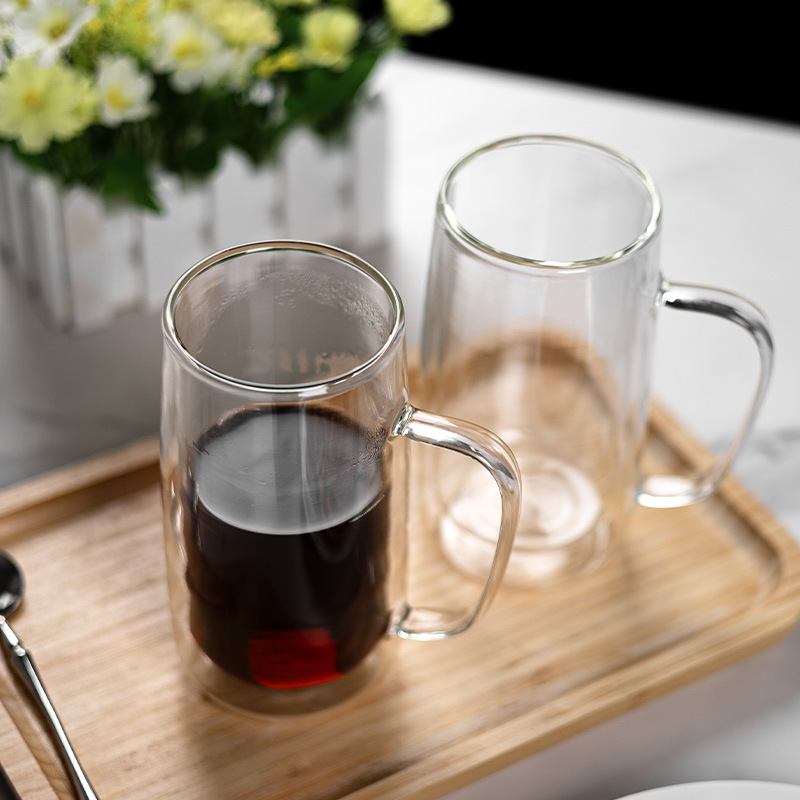 Wholesale high borosilicate glass cups, heat-resistant milk cups, household glass water cups with handles, double-layer glass coffee cups details Picture