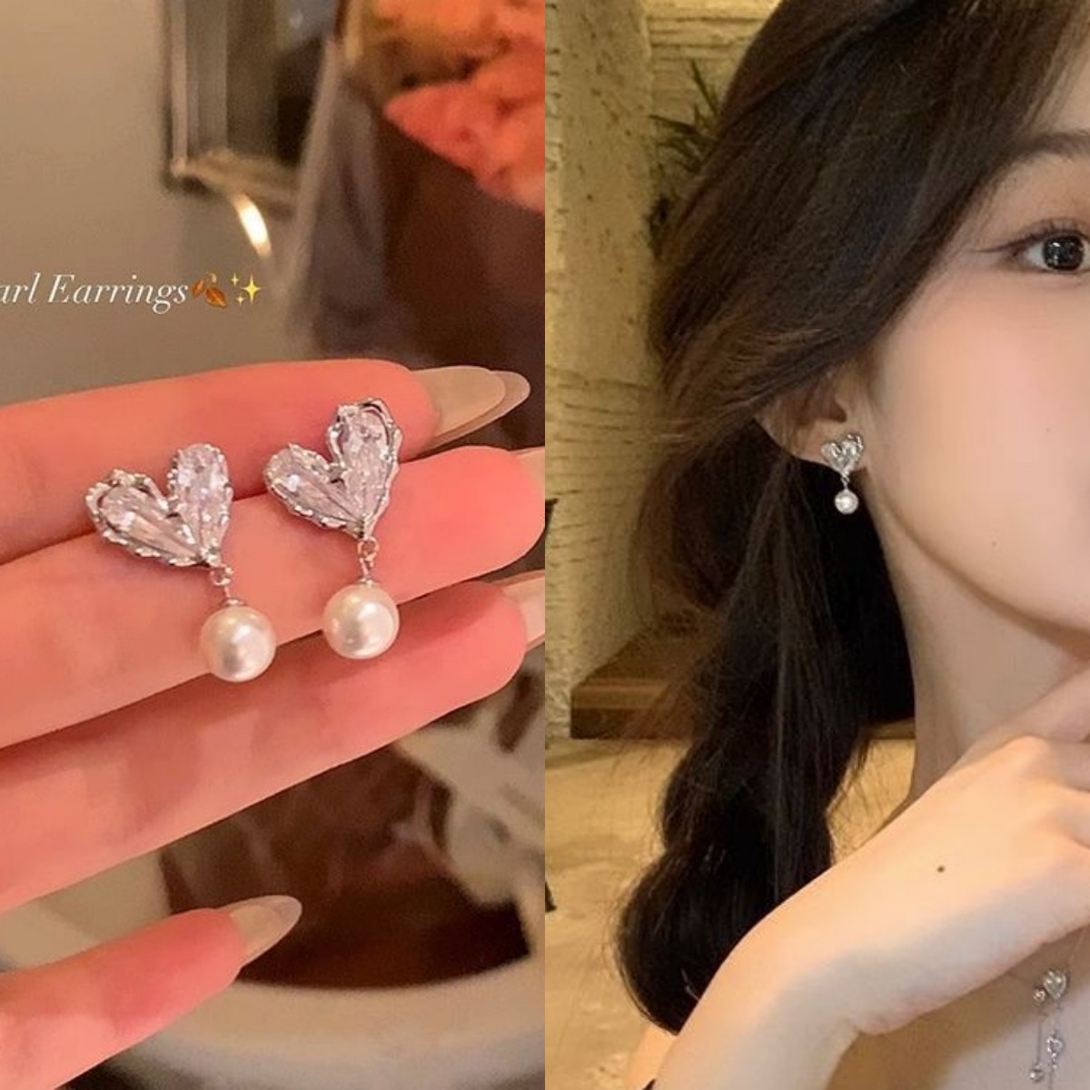 Shining Sweetheart ~ Heart-shaped Zircon pearl stud earrings for women, unique and niche style earrings, design sense, high-end earrings for women full figure
