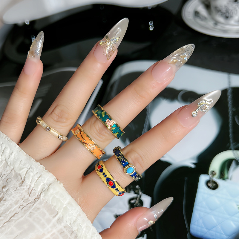A charming and elegant imperial style, ten miles of peach blossoms enamel drop glaze open ring, a niche ancient style sweet and cool index finger ring details Picture