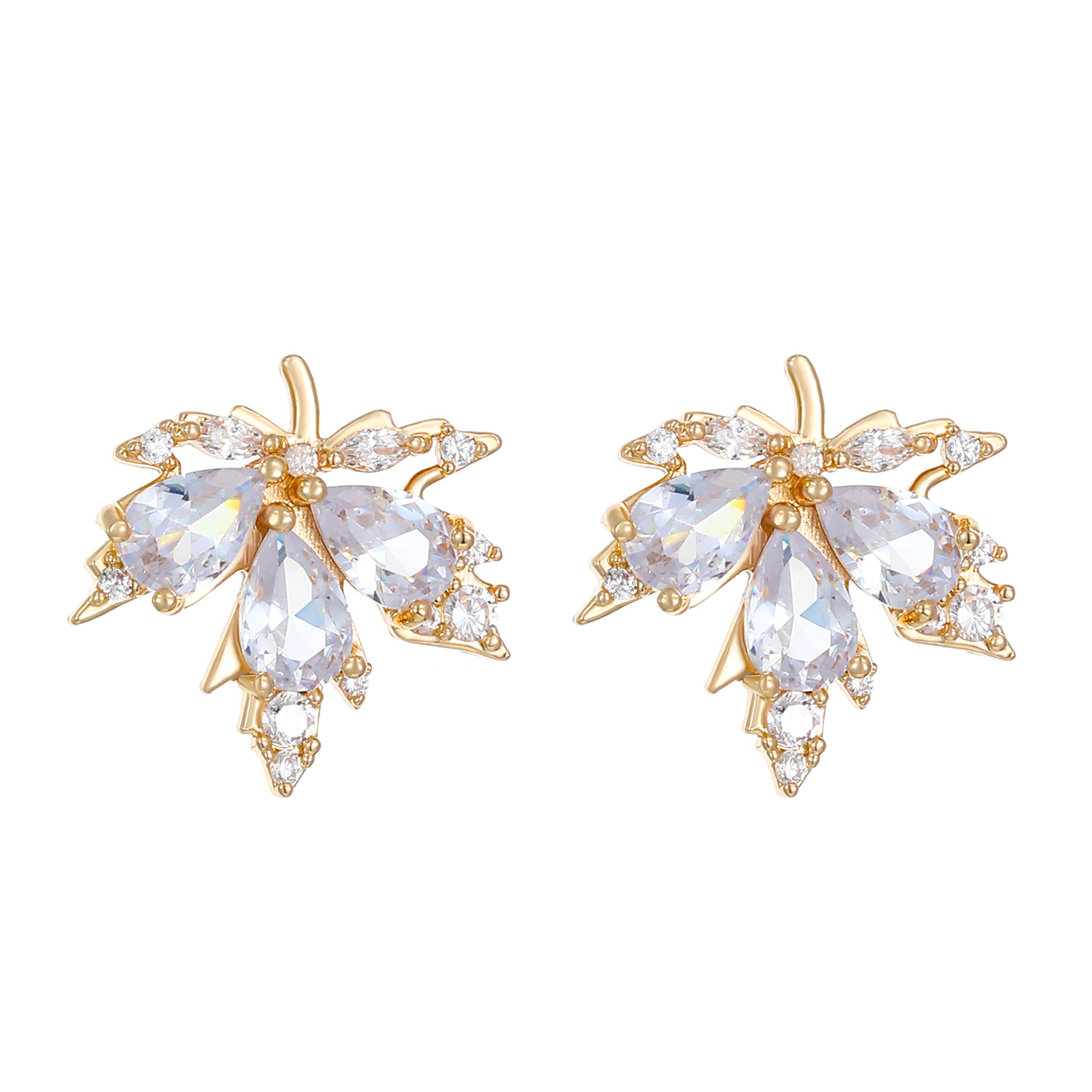 Copper-inlaid zircon necklace and earrings set, light luxury leaf and maple leaf individual style banquet earrings and necklaces combination Item Picture