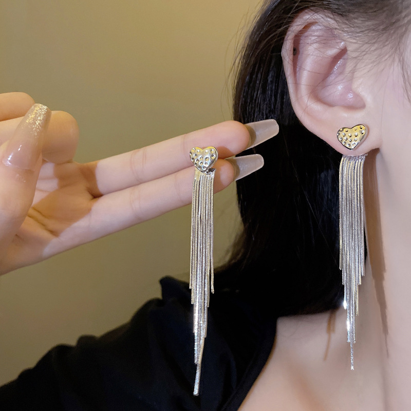S925 Silver Needle Light Luxury Long heart-shaped tassel Earrings, a fashionable and high-end women's two-wear versatile ear accessory Specification drawing
