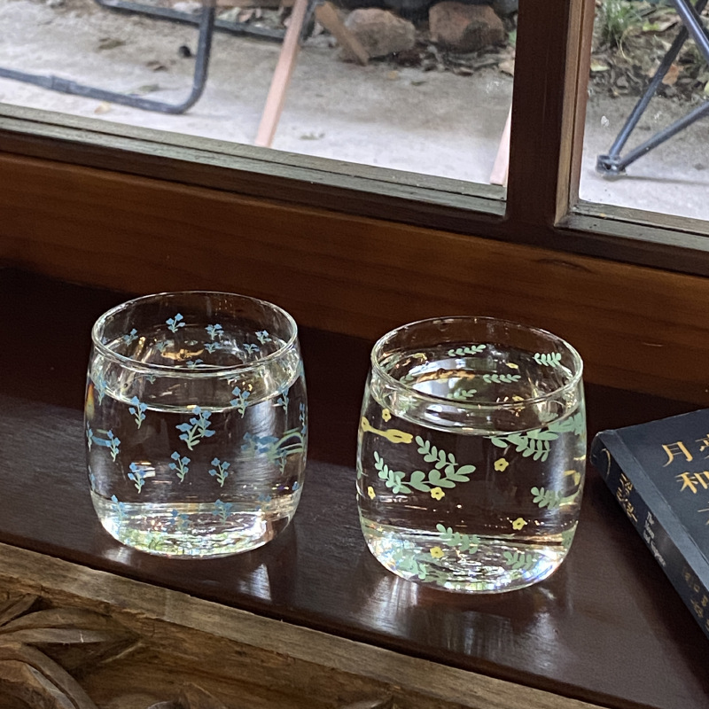 Country-style French small floral water cup, fresh ice blue willow leaf glass cup, heat-resistant juice cup, milk cup Item Picture
