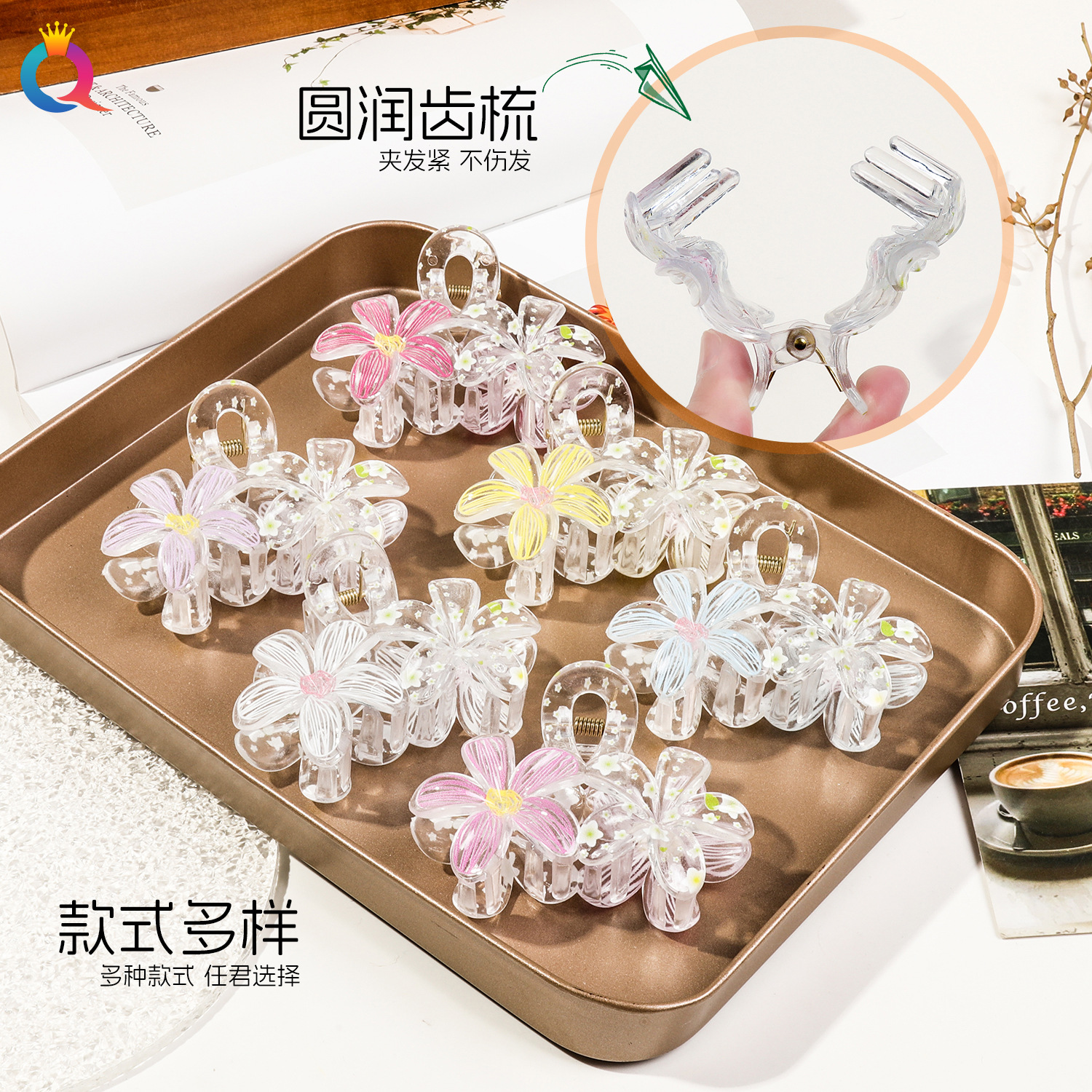 Wholesale of Qiyue's new fresh and delicate printed five-petal flower grabbler women's creative updo ponytail hairpin shark clip Specification drawing