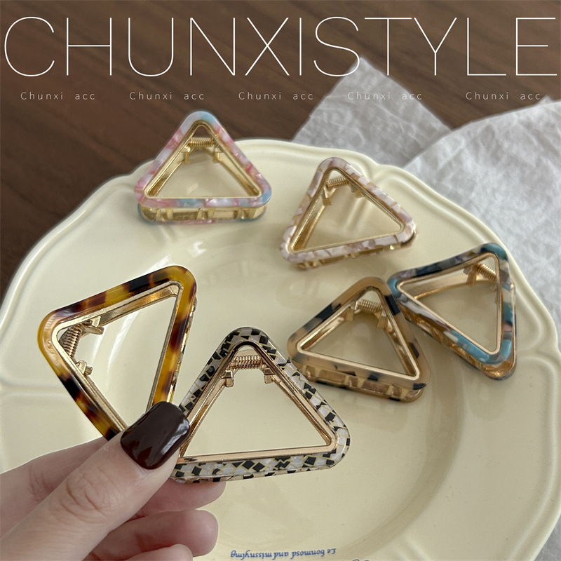 Korean-style alloy triangular gripper, acetic acid simple hollowed-out design, hair gripper at the back of the head, top clip, headpiece Application Scenario