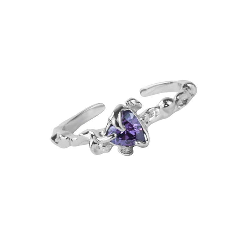 A purple heart-shaped zircon open ring with a niche design sense, an irregular texture for women, a sweet and cool index finger ring Item Picture