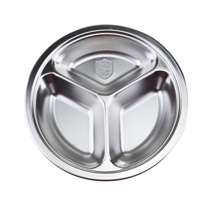 Thickened and deepened circular compartmented fast food plate for students, children and kindergartens, engraved logo, 304 stainless steel fast food plate Item Picture