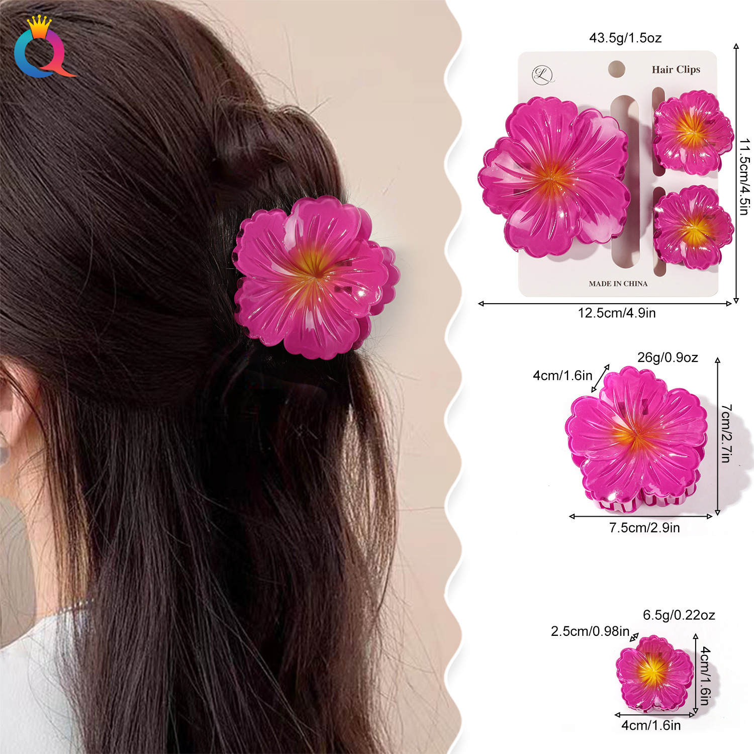 Qiyue Cross-border Sweet Gradient Hibiscus flower Grab clip, Daisy hair clip for girls, simple flower hair clip, shark clip hair accessory details Picture