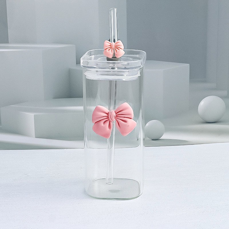 Double bow square glass water cup, high appearance level, heat-resistant new straw type high borosilicate office beverage cup Specification drawing