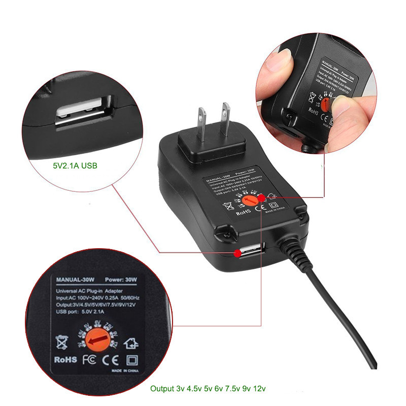 Adjustable power supply 3V-12V adapter, 30w power charger, multi-functional power adapter, 8DC head Specification drawing