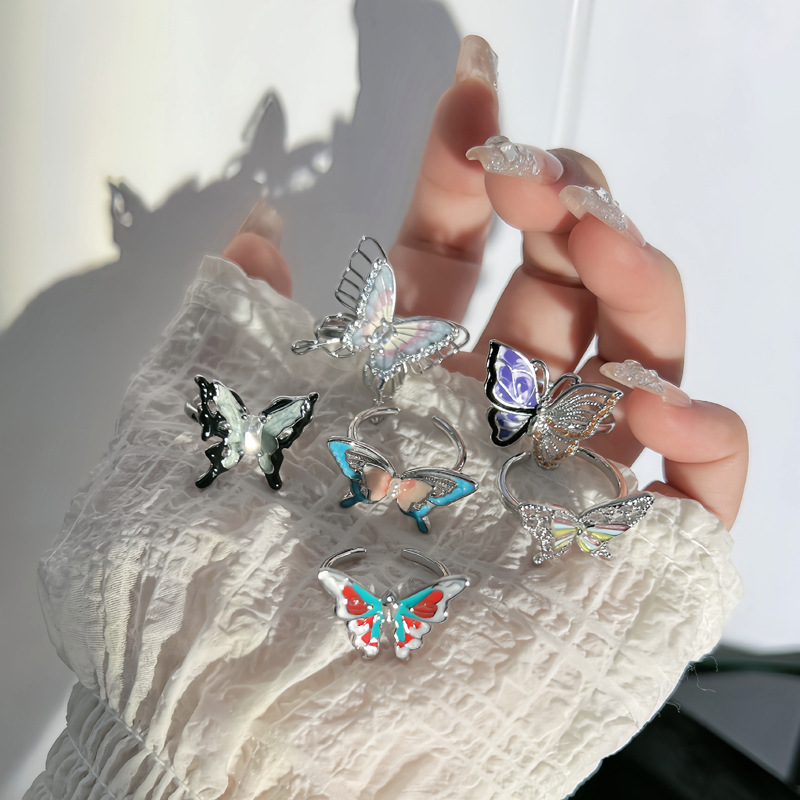 Korean-style light luxury colored drip glaze butterfly opening ring, a trendy and cool design for women on Instagram, exuding a sense of sophistication and sophistication details Picture