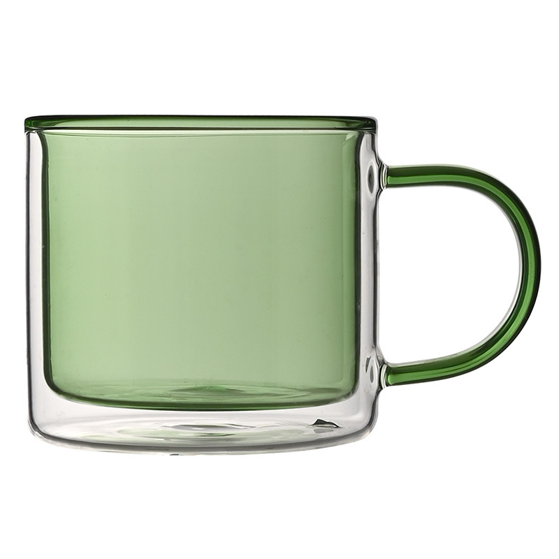 Colorful double-layer coffee cups, household high borosilicate heat-resistant glass breakfast water cups with handles, high appearance level heat-insulating mugs Item Picture