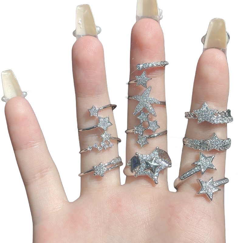 A light luxury and high-end full-diamond star series open-top ring, a fashionable, niche and individualistic cold style index finger ring Item Picture