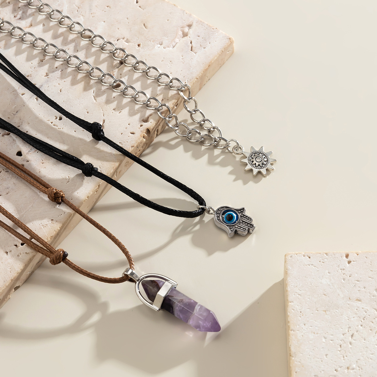 European and American cross-border jewelry, sweet and cool Buddha's hand pendant, retro layered neckchain, niche crystal column, country spice girl necklace Application Scenario