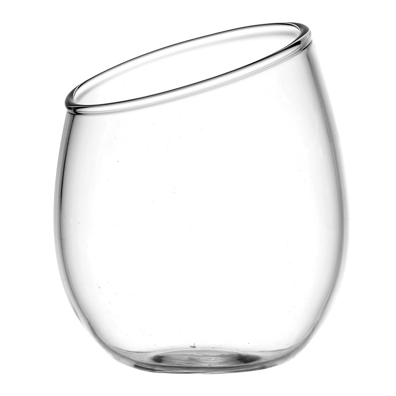 Factory wholesale high borosilicate glass cups, creative slanted water cups, household egg-shaped glass wine glasses, and customized drinking cups Item Picture