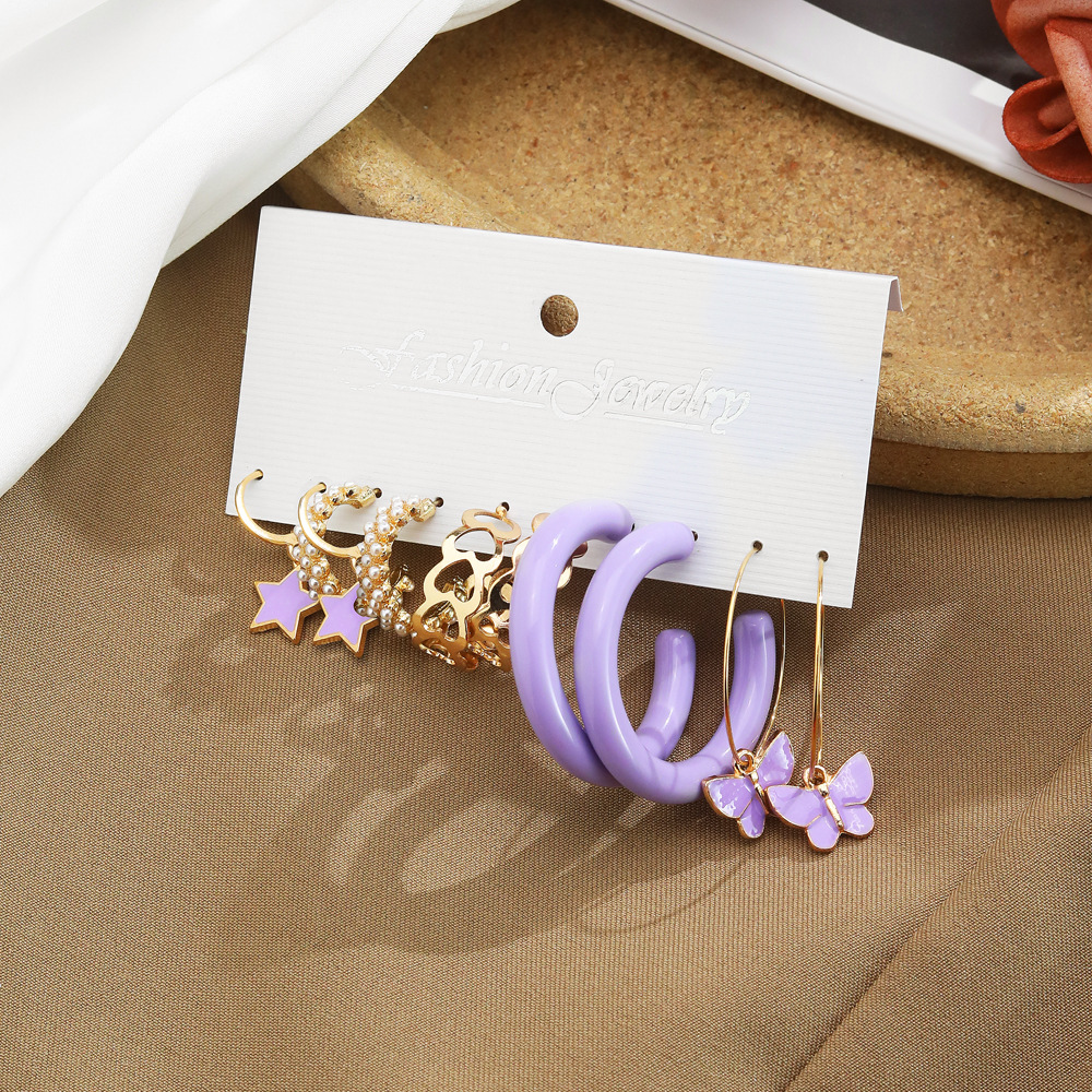 A new 5-piece purple butterfly earring set for European and American foreign trade, featuring retro charm and pearl earrings with a high-end feel Application Scenario