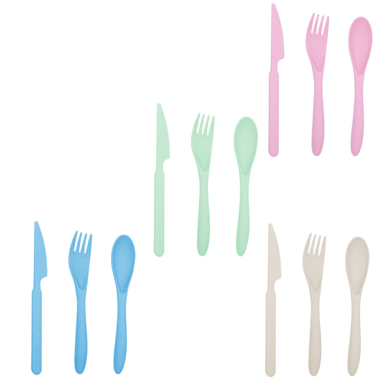Wheat straw portable tableware, knife, spoon and fork set, outdoor plastic office tableware three-piece set, factory batch Item Picture