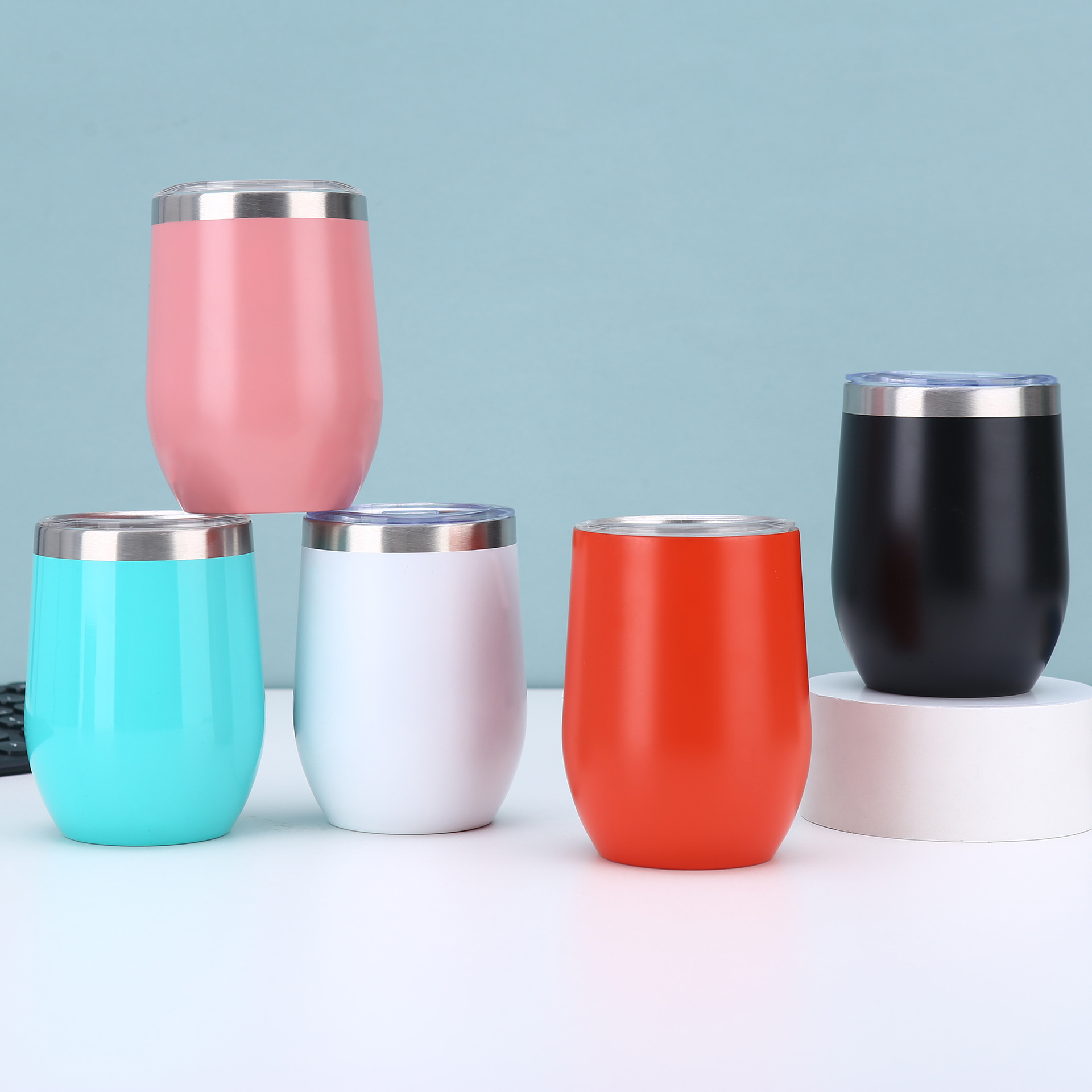 Wholesale of 12oz eggshell cups with plastic spraying, mini vacuum 304 stainless steel wine glasses, double-layer portable solid-color insulated cups full figure