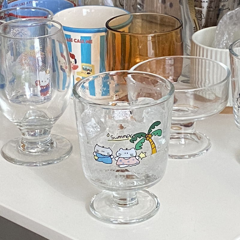 ins cute cartoon summer coconut tree cat tall cup, niche and simple milk cup, dessert cup, Chinese style Item Picture