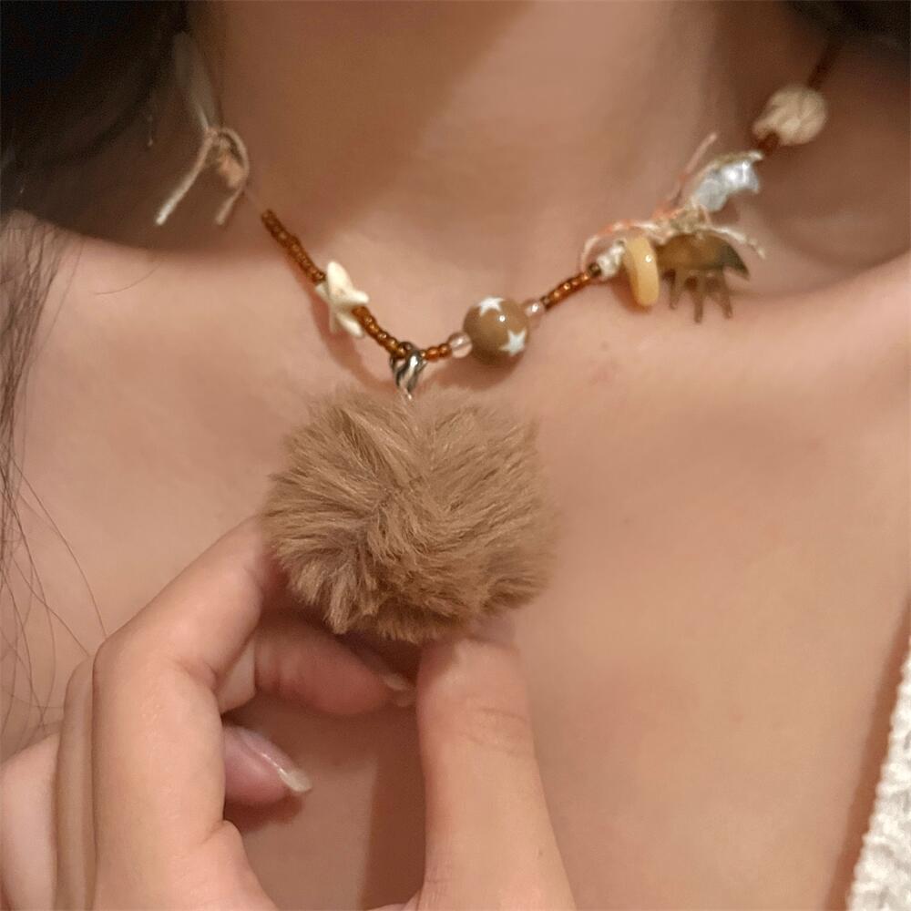 A niche skeleton y2k retro campus couple's woolen braided rope khaki necklace, handcrafted personalized sweater chain for girls Specification drawing