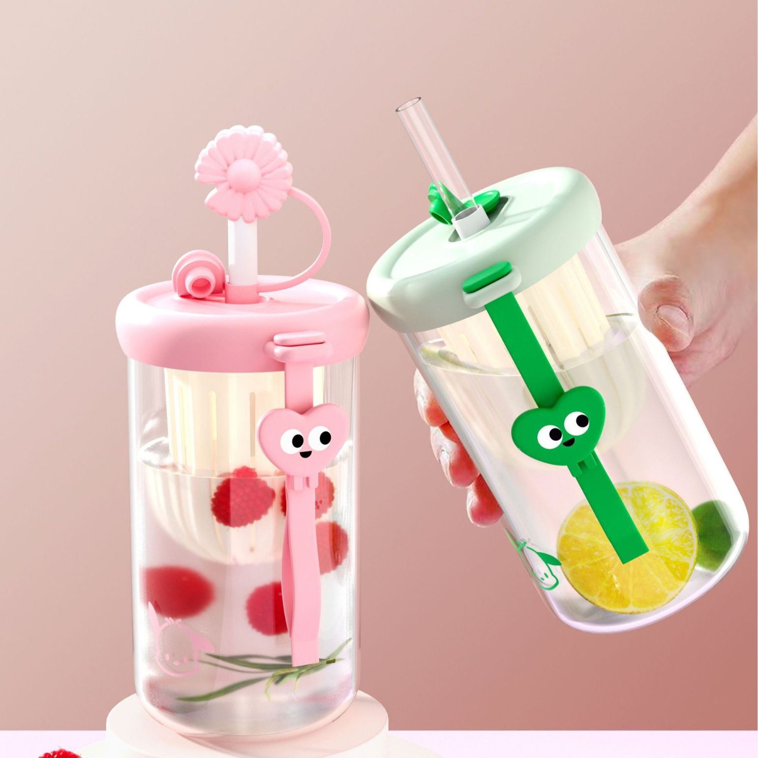 Cute and creative straw cup, office high appearance level water cup, thickened glass children's handle cup, summer covered cup Application Scenario