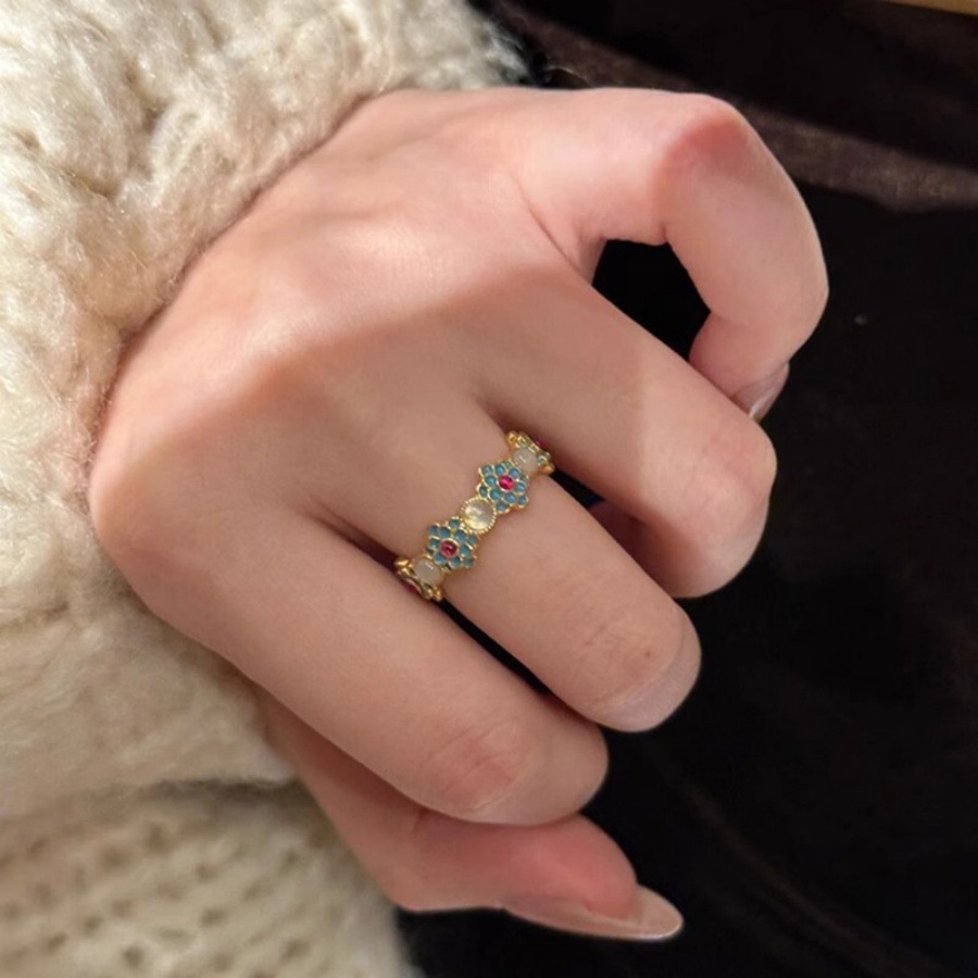 New Chinese-style blue drop enamel flower ring for women, light luxury, retro and high-end, ice-transparent chalcedony index finger ring Item Picture