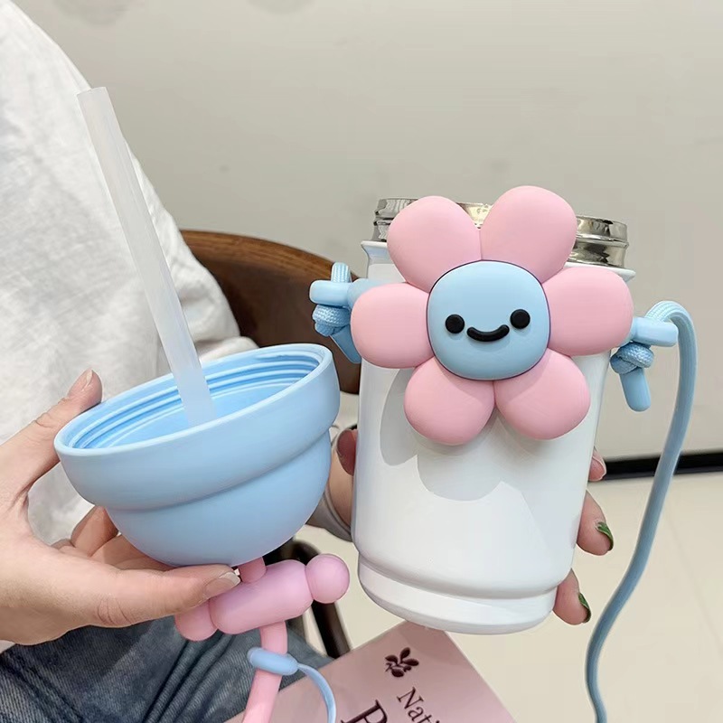 Popular cartoon vacuum straw insulated cup for women, 316 stainless steel milk tea cup, high appearance level, flower water cup with handle rope Specification drawing