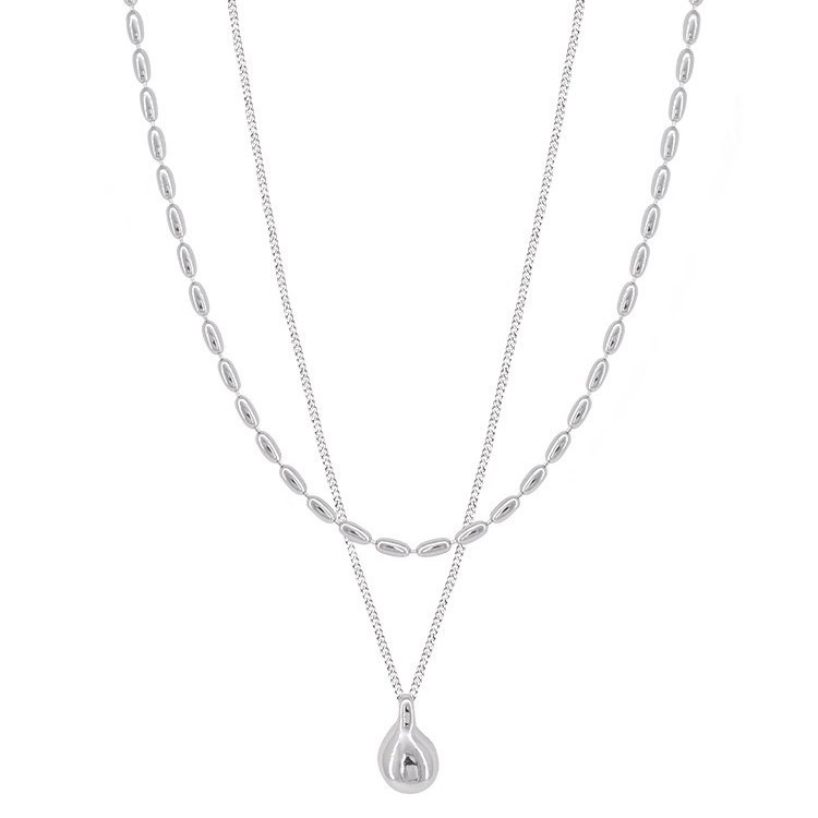 A minimalist silver double-layer necklace with a niche design for women, exuding a simple and elegant charm. It features a water drop pendant and a rice-grain collarbone chain Item Picture