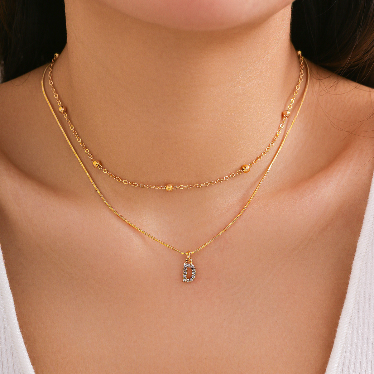 European and American cross-border simple diamond-encruted English letter pendant, double layer necklace collarbone chain, versatile snake bone necklace for women Specification drawing