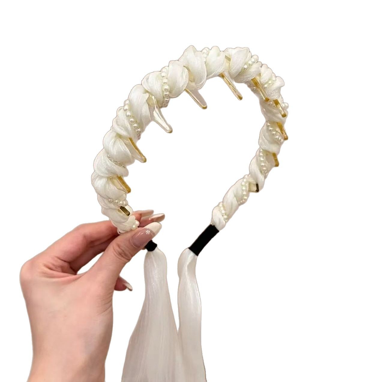 New Japanese and Korean flowing light colorful pearl ribbon tooth comb hair band, hair binding silk scarf one-piece headband, fluffy wavy hair clip Item Picture