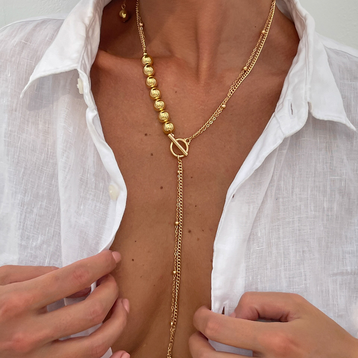 European and American cross-border jewelry simple CCB copper bead chain earrings necklace set, ins design sense OT buckle alloy necklace details Picture