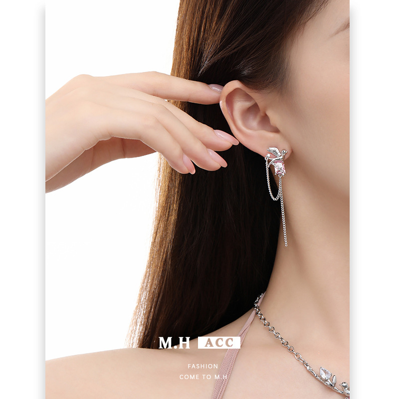 Original pink zirconium bird earrings with a niche and high-end feel, 2024 new tassel earrings, sweet and cool style, fashionable and versatile earrings details Picture