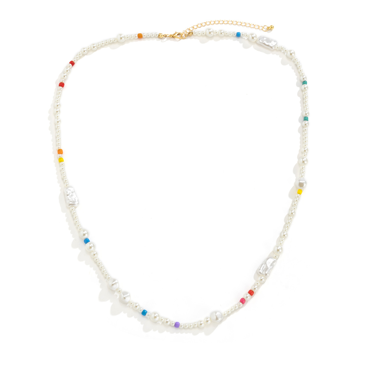 European and American cross-border jewelry long imitation pearl spliced mixed color necklace, retro rice bead asymmetrical sweater chain necklace Item Picture