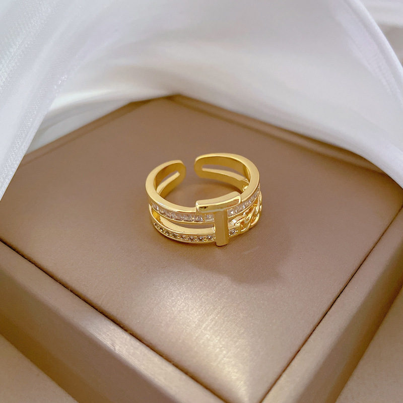 【 Real Gold 】T zirconium chain Full diamond ring with adjustable opening, simple jewelry, Japanese-style ring couple rings Specification drawing