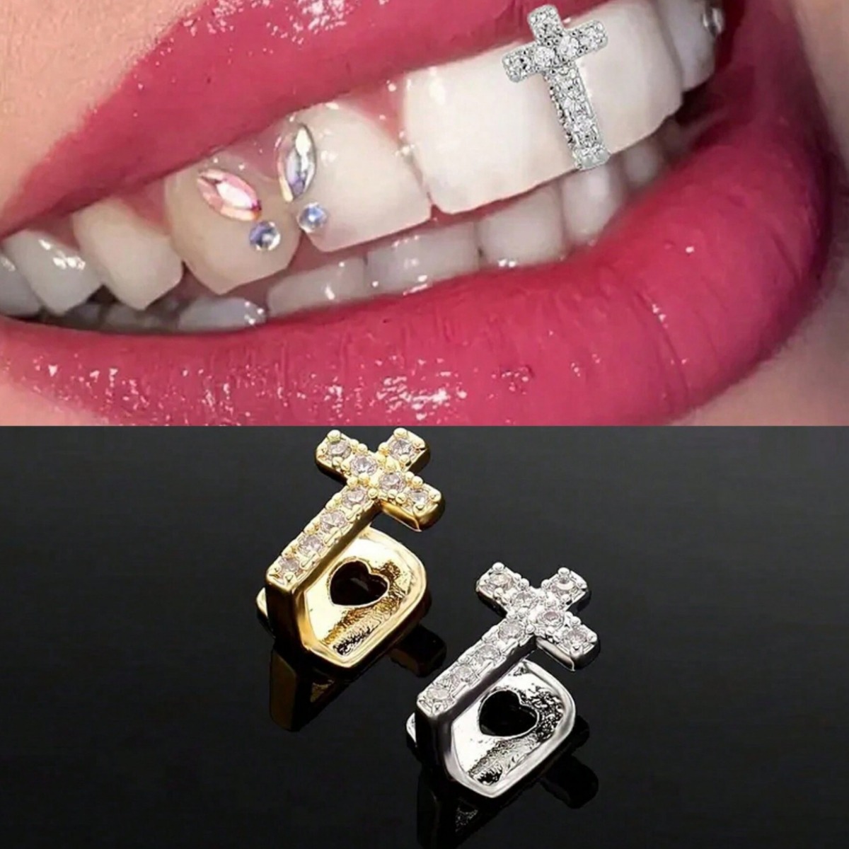 European and American cross-shaped copper micro-inlaid zircon single hip-hop teeth set teeth grills, trendy teeth decoration full figure