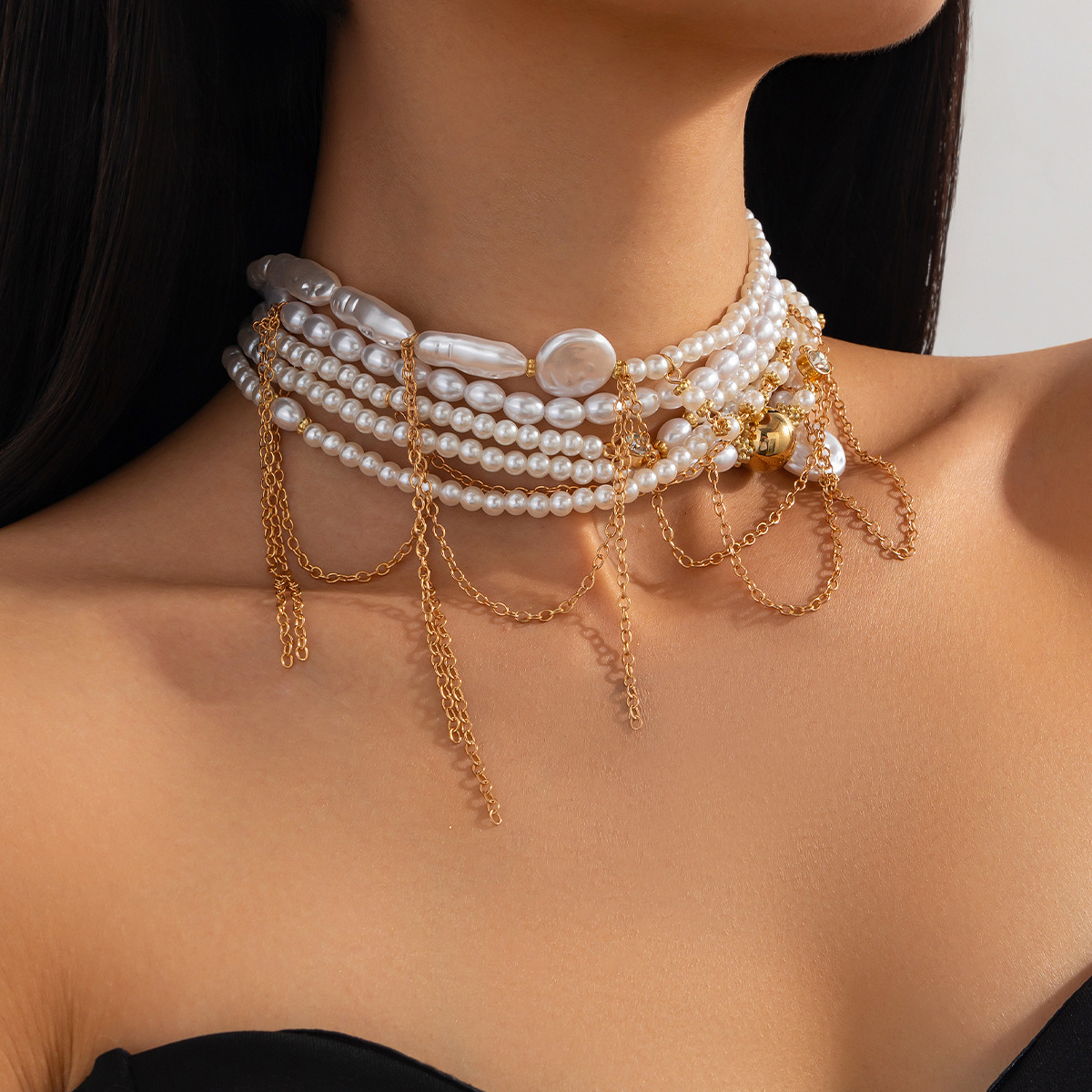 European and American cross-border jewelry fashion pearl beaded multi-layer Necklace light luxury style alloy chain tassel Necklace full figure