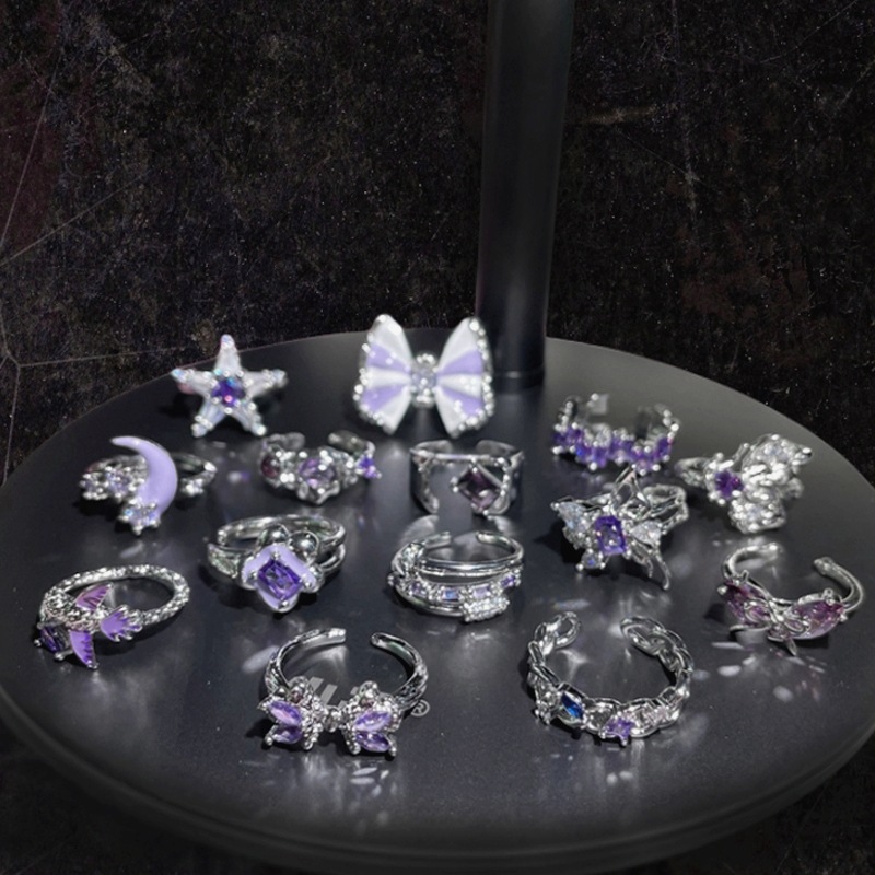 Exquisite starry purple diamond Zircon series open ring for women's fashion, light luxury, ins niche design, sweet and cool ring details Picture