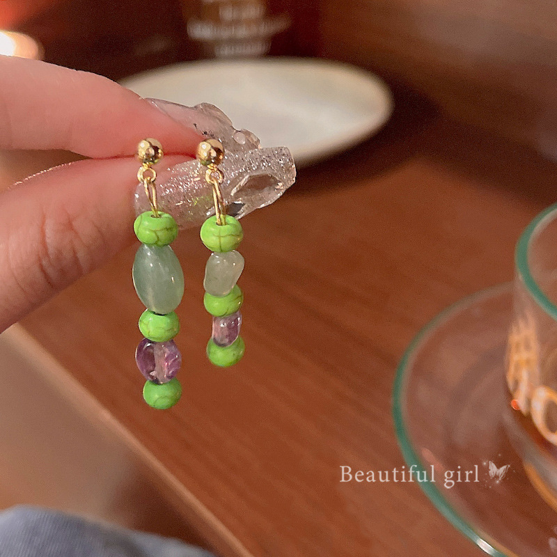 New Chinese-style imitation natural stone beaded earrings for women, 2024 new style simple and elegant tassel earrings, high-end earrings Specification drawing