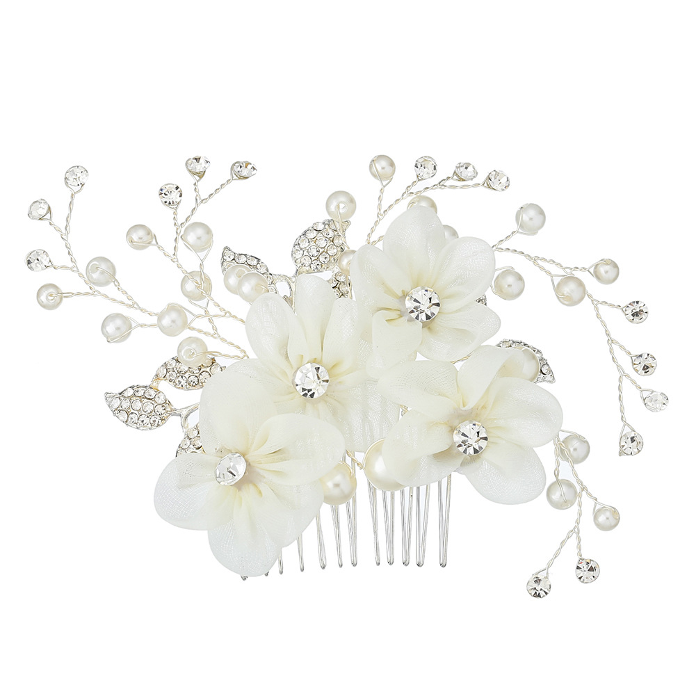 New European and American pearl water diamond updo hair comb, wedding photography and wedding accessories, versatile fabric flower bridal comb Item Picture