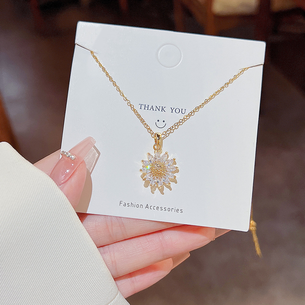 The new Zircon sunflower titanium steel necklace for women in 2025 features a niche design sense, a fashionable and high-end collarbone chain details Picture