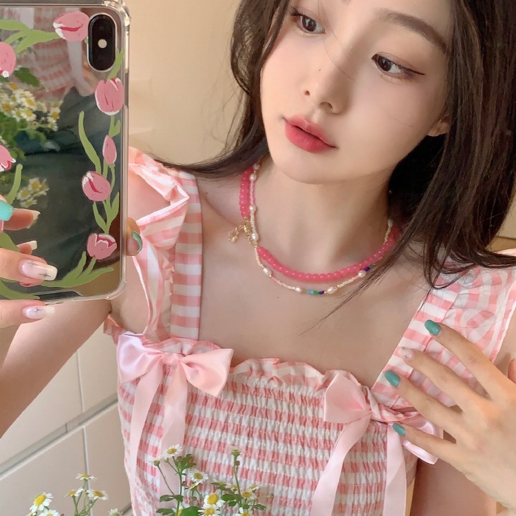 Pink glass bead necklace for women, 2024 new style, colorful bead, niche design, simple necklace accessory wholesale Specification drawing
