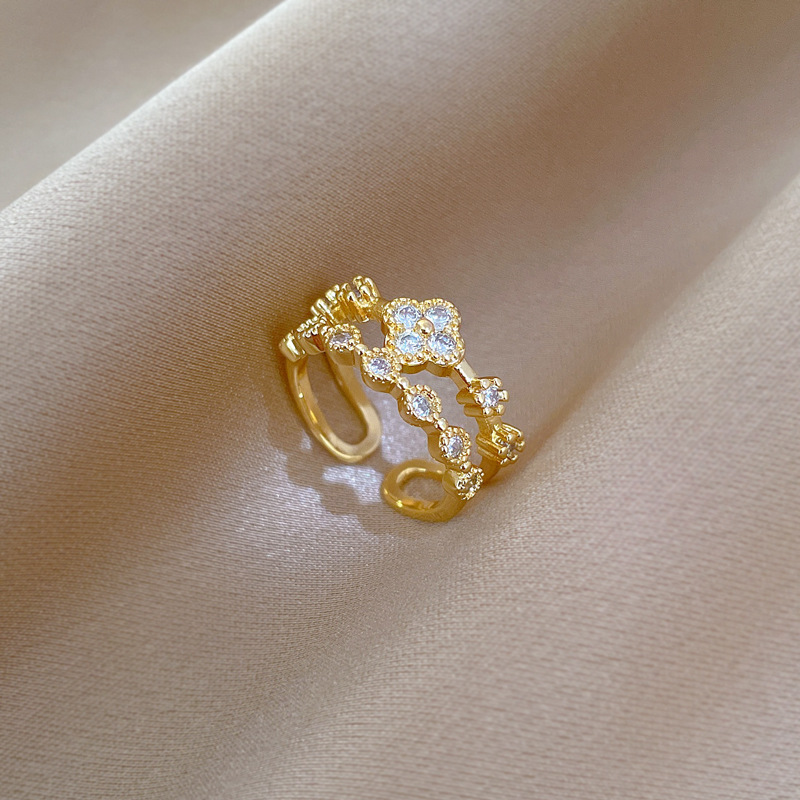 【 Real Gold 】 Four-leaf clover Full diamond ring with adjustable opening, simple jewelry, Japanese-style ring couple rings full figure