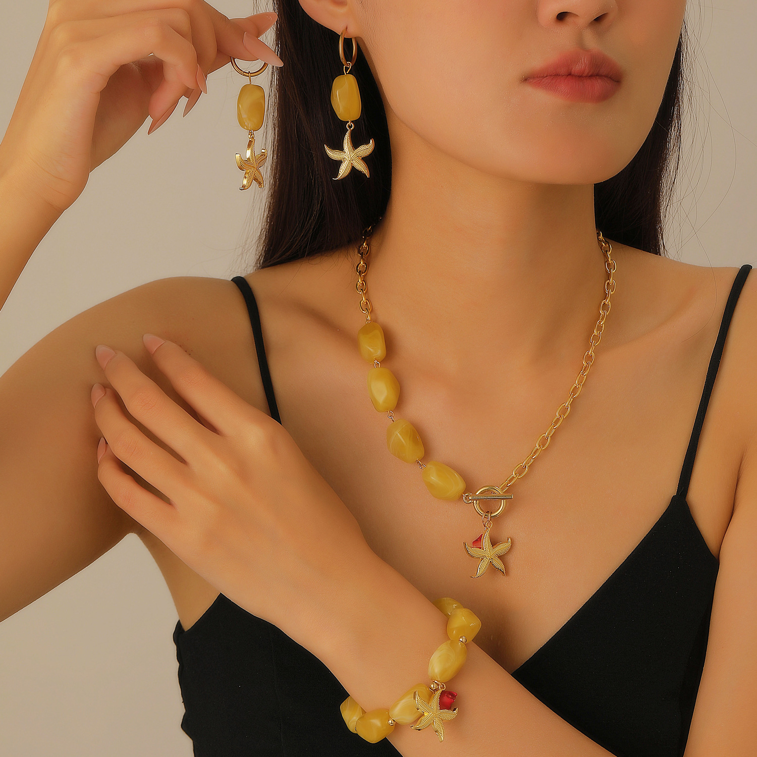 European and American cross-border jewelry, beach starfish collarbone chain, ocean-style earrings, bracelet, necklace set, jewelry for women full figure