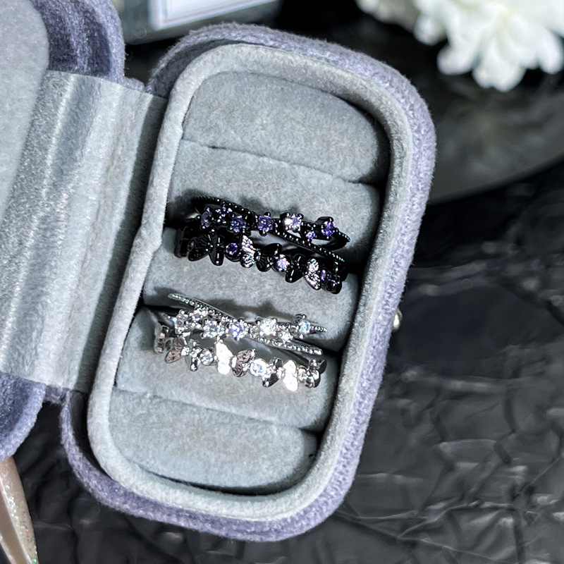 Dark retro vintage butterfly ring, gender-neutral style, double-layer diamond row, unique personality, light luxury couple ring Specification drawing