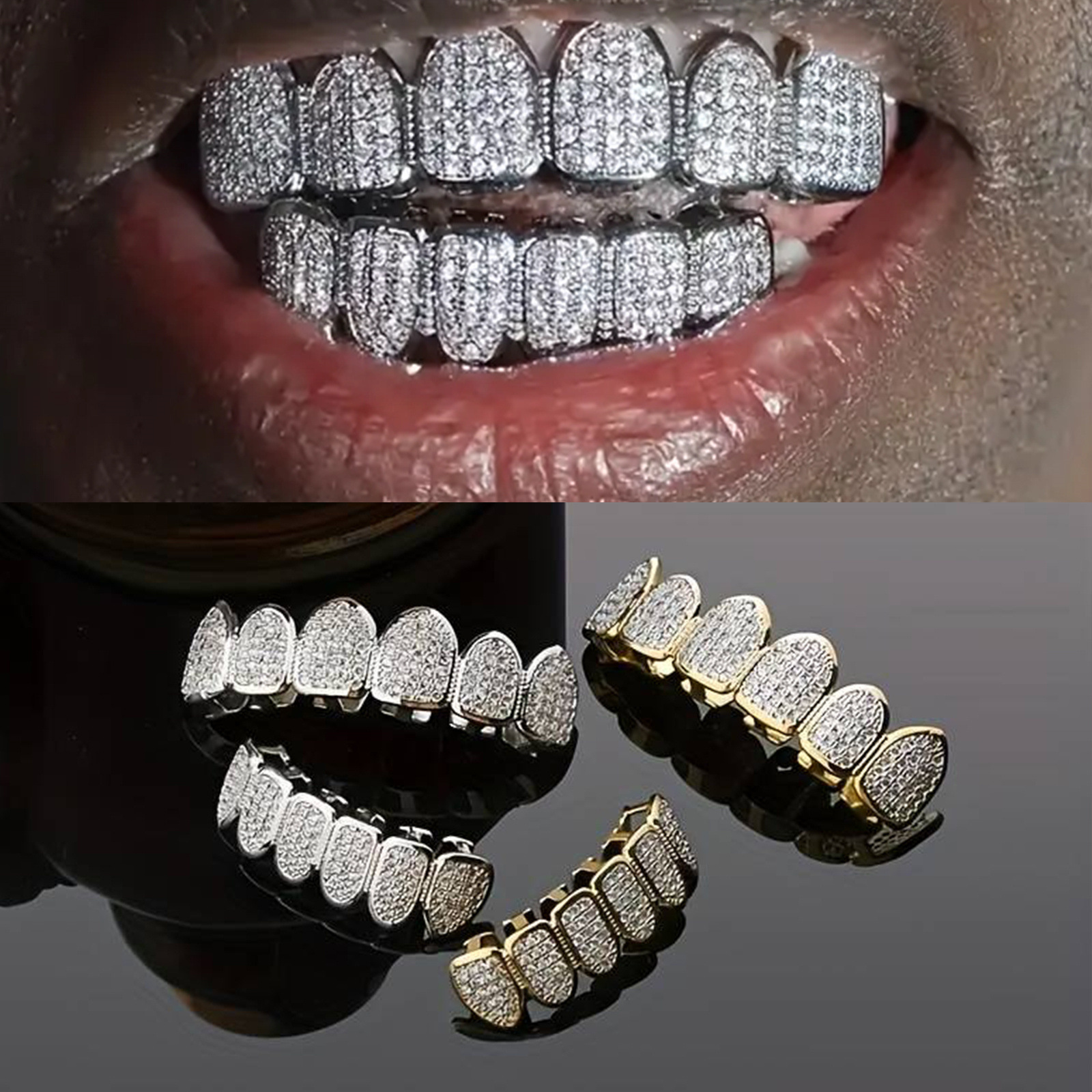 Cross-border bestseller hip-hop braces: Copper zircon micro-inlaid, real gold electroplated, non-fading, exaggerated hiphopgrillz full figure